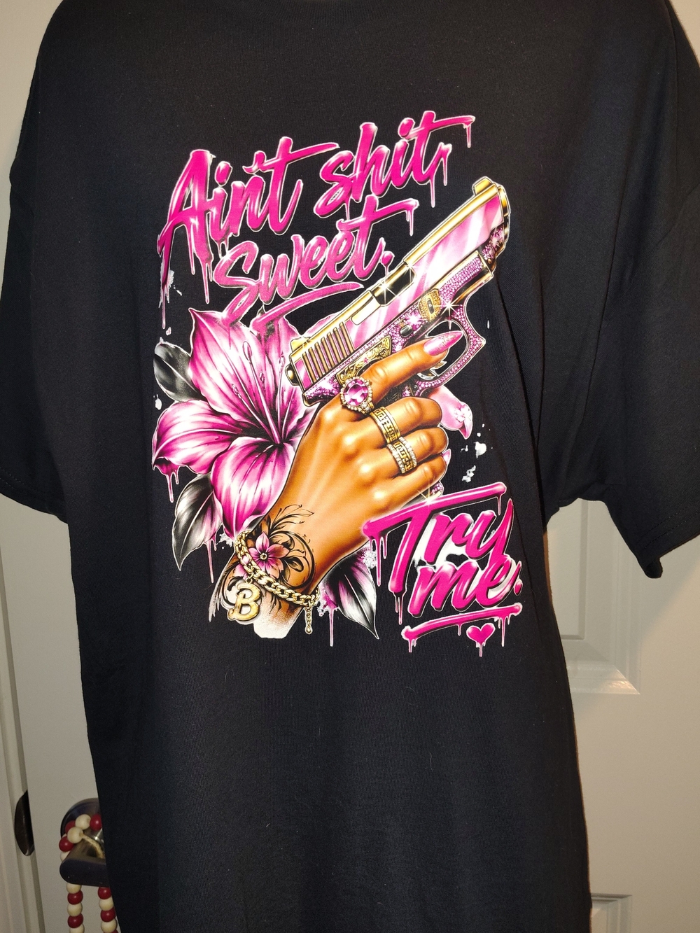Black Graphic Tee "Ain't Sh*t Sweet Try Me" Pink Weapon